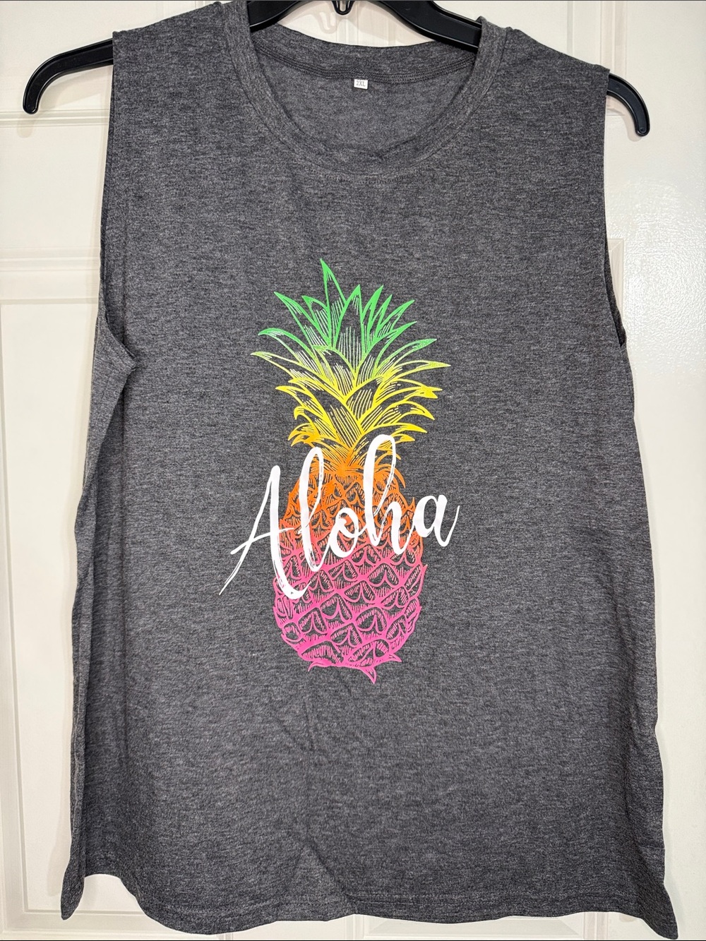 Charcoal Muscle Tank Top with Neon Pineapple 'Aloha' Graphic
